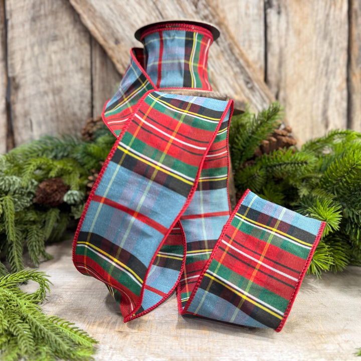 2.5" Dusty Blue Tartan Plaid Ribbon, Christmas Plaid Wired Ribbon, Red Blue Chirstmas Plaid RIbbon