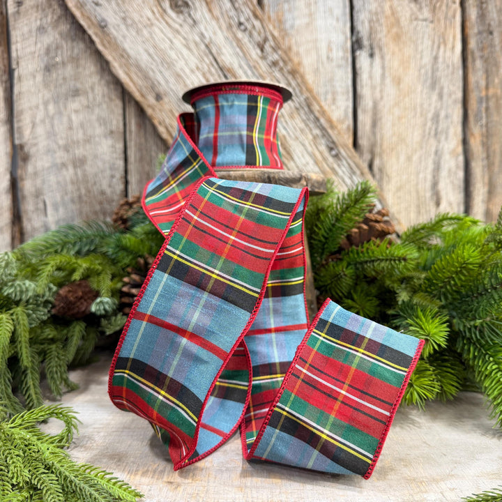 2.5" Dusty Blue Tartan Plaid Ribbon, Christmas Plaid Wired Ribbon, Red Blue Chirstmas Plaid RIbbon
