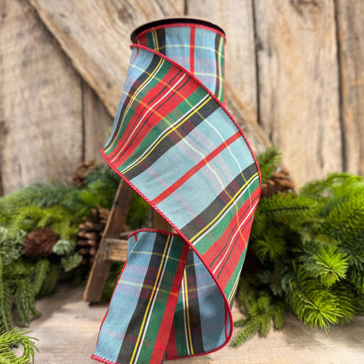 4" Dusty Blue Tartan Plaid Ribbon, Christmas Plaid Wired Ribbon, Red Blue Chirstmas Plaid RIbbon