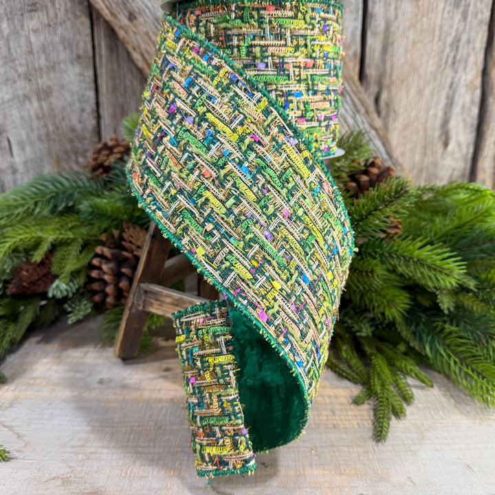 4" Green Tweed Ribbon, Farrisilk Jolly Tweed Ribbon, Christmas Tweed Ribbon, RS289-55