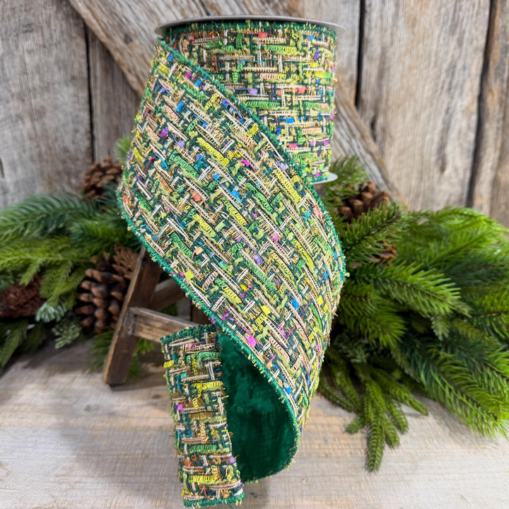4" Green Tweed Ribbon, Farrisilk Jolly Tweed Ribbon, Christmas Tweed Ribbon, RS289-55