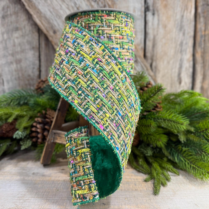 4" Green Tweed Ribbon, Farrisilk Jolly Tweed Ribbon, Christmas Tweed Ribbon, RS289-55