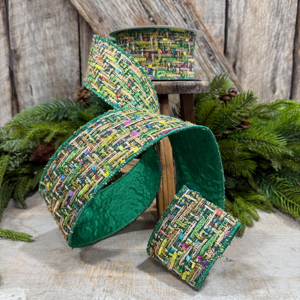 2.5" Green Tweed Ribbon, Farrisilk Jolly Tweed Ribbon