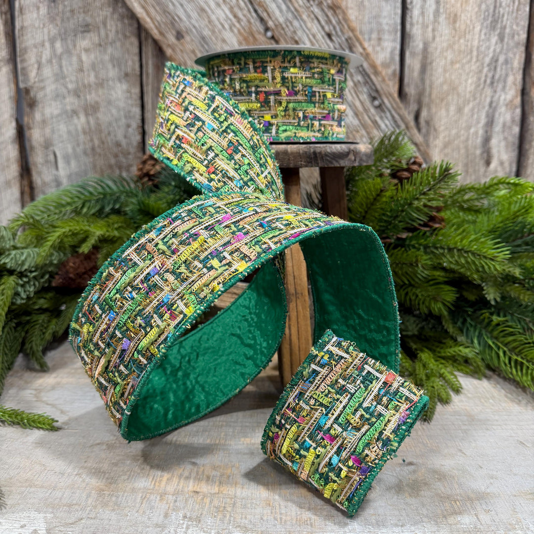 2.5" Green Tweed Ribbon, Farrisilk Jolly Tweed Ribbon, Christmas Tweed Ribbon, RS288-55