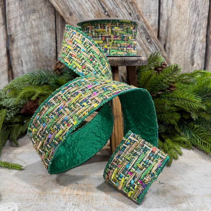 2.5" Green Tweed Ribbon, Farrisilk Jolly Tweed Ribbon, Christmas Tweed Ribbon, RS288-55