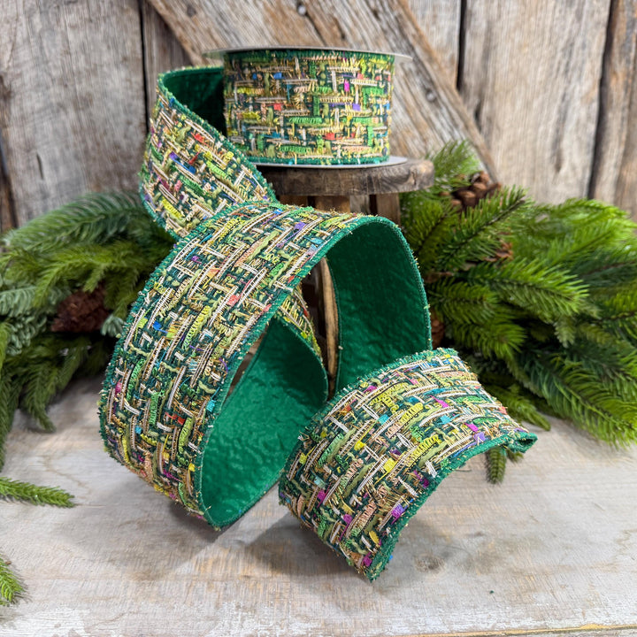 2.5" Green Tweed Ribbon, Farrisilk Jolly Tweed Ribbon, Christmas Tweed Ribbon, RS288-55