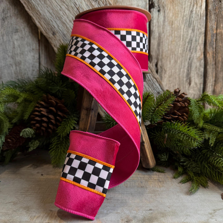 4" Halloween Ribbon, Checkered Ribbon, Hot Pink Orange Ribbon, Wired Ribbon
