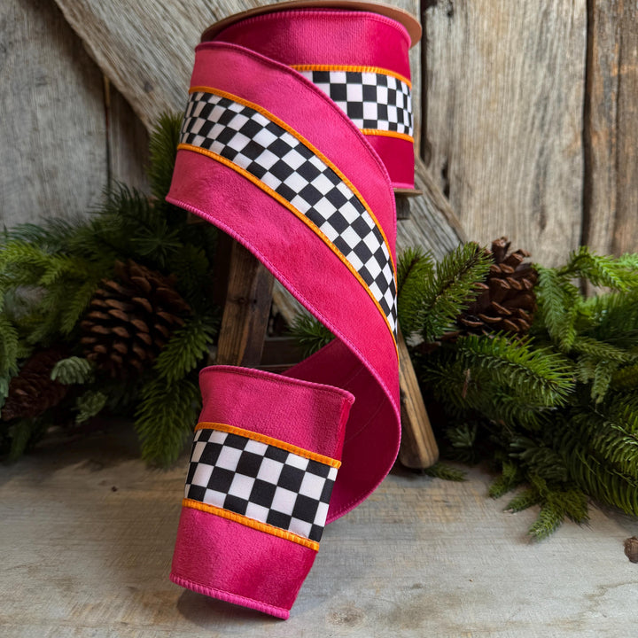 4" Halloween Ribbon, Checkered Ribbon, Hot Pink Orange Ribbon, Wired Ribbon