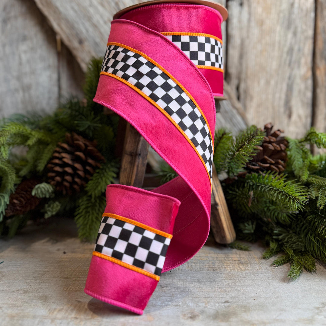 4" Halloween Ribbon, Checkered Ribbon, Hot Pink Orange Ribbon, Wired Ribbon