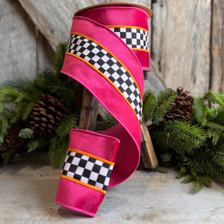 4" Halloween Ribbon, Checkered Ribbon, Hot Pink Orange Ribbon, Wired Ribbon