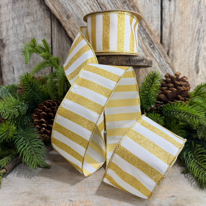 2.5" Gold and white striped ribbon, Christmas Ribbon