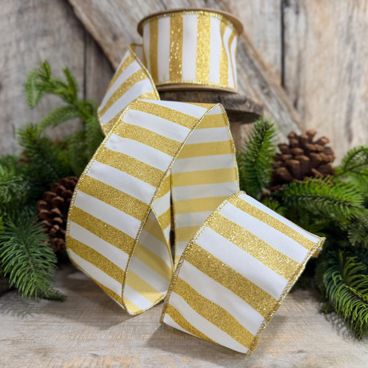 2.5" Gold and white striped ribbon, Christmas Ribbon