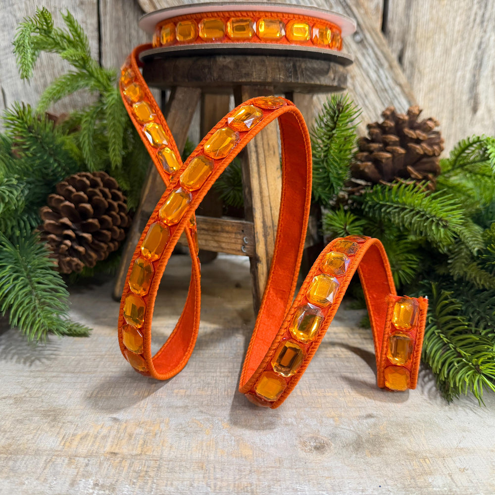 1" Orange Emerald Cut Ribbon, Orange Jeweled Ribbon, Farrisilk Ribbon, RJ017-52