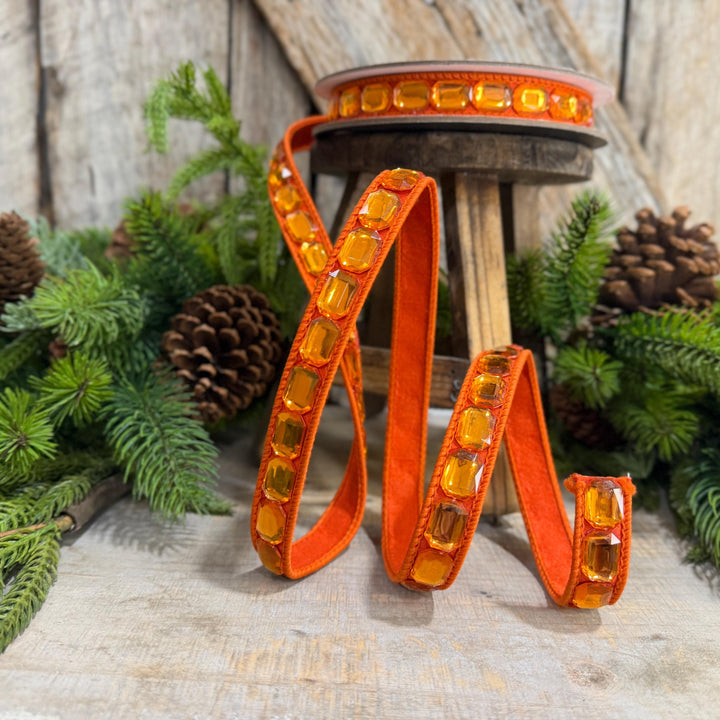 1" Orange Emerald Cut Ribbon, Orange Jeweled Ribbon, Farrisilk Ribbon, RJ017-52