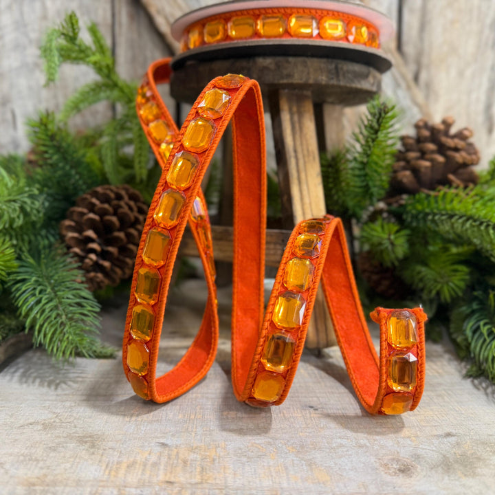 1" Orange Emerald Cut Ribbon, Orange Jeweled Ribbon, Farrisilk Ribbon, RJ017-52