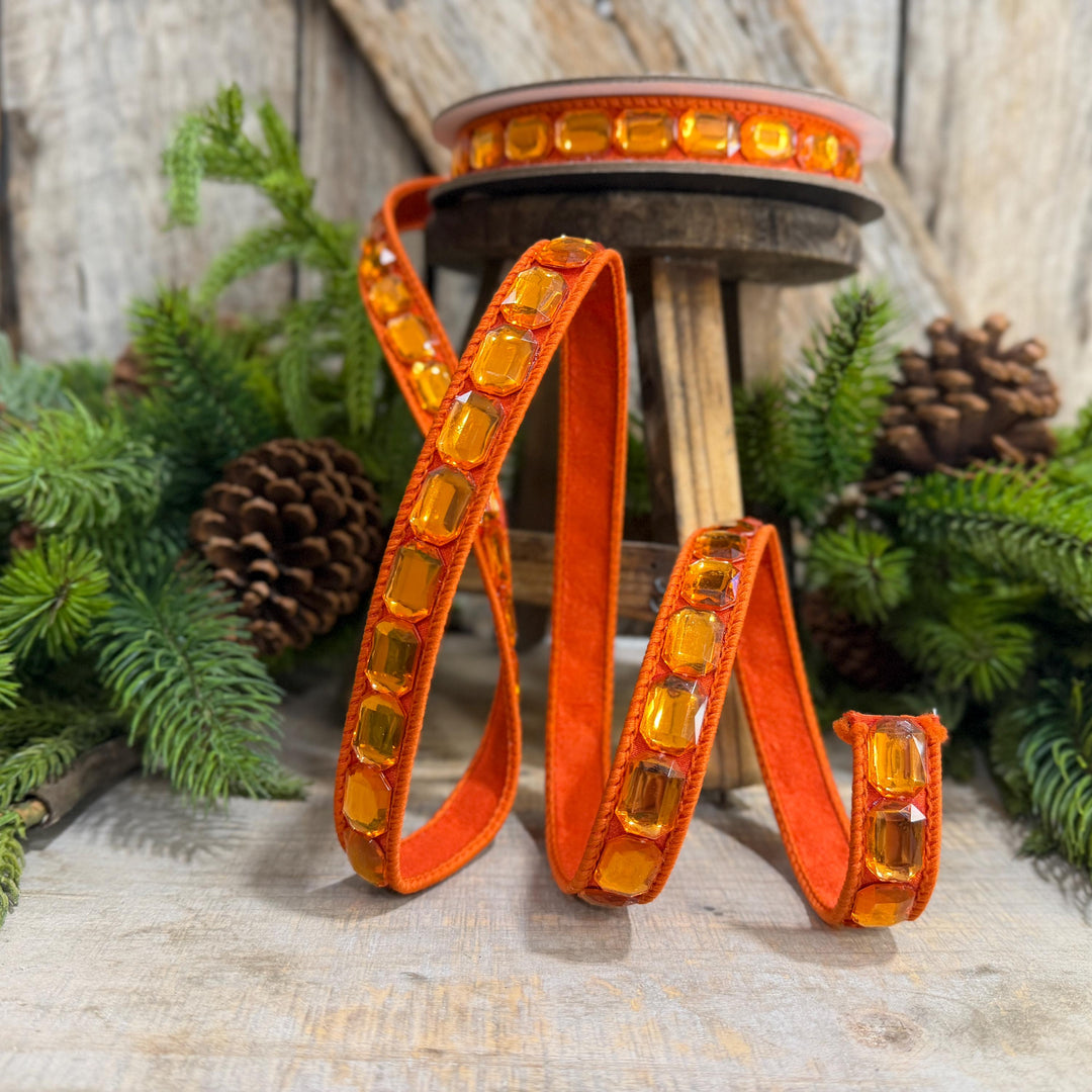 1" Orange Emerald Cut Ribbon, Orange Jeweled Ribbon, Farrisilk Ribbon, RJ017-52