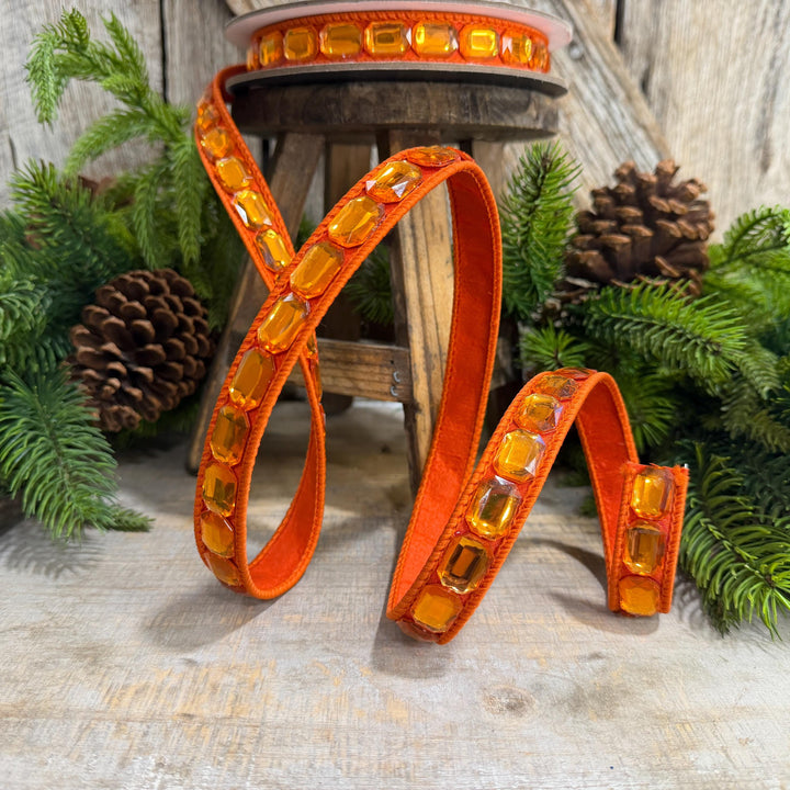 1" Orange Emerald Cut Ribbon, Orange Jeweled Ribbon, Farrisilk Ribbon, RJ017-52