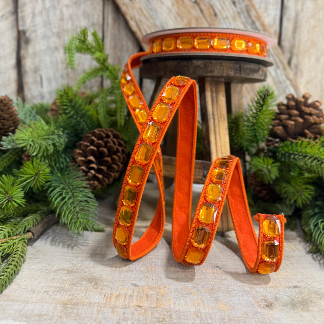 1" Orange Emerald Cut Ribbon, Orange Jeweled Ribbon, Farrisilk Ribbon, RJ017-52