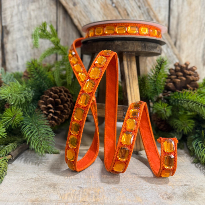 1" Orange Emerald Cut Ribbon, Orange Jeweled Ribbon, Farrisilk Ribbon, RJ017-52