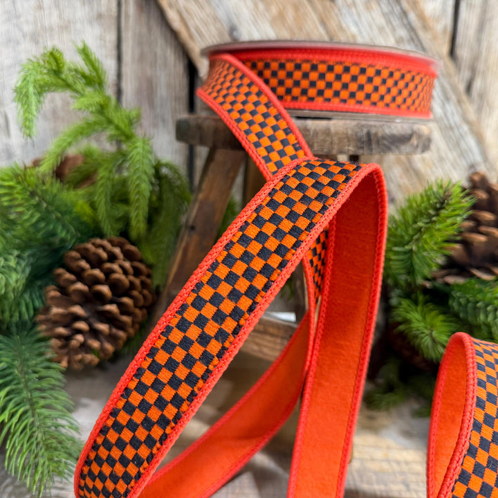 1" Orange Black Check Ribbon, Halloween Ribbon, Fall Ribbon, Farrisilk Kitschy Checks, RK848-87