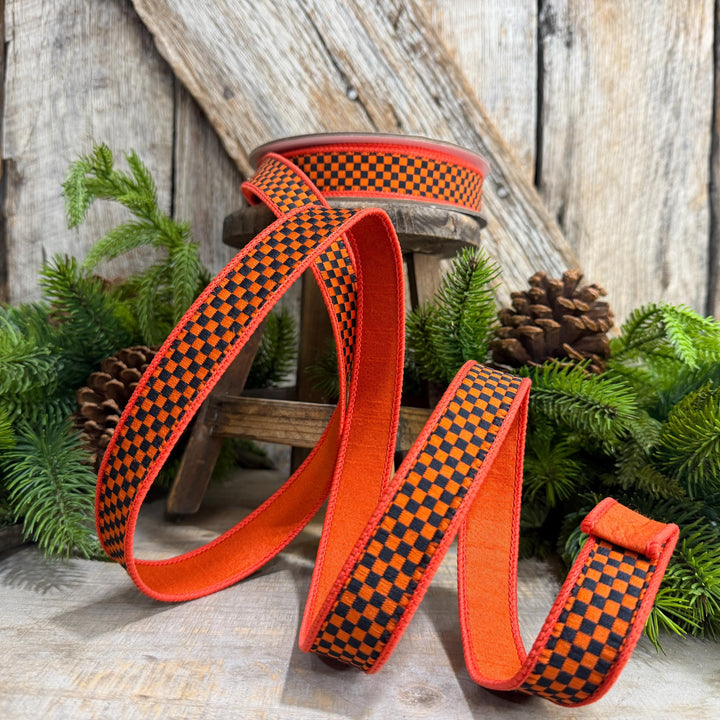 1" Orange Black Check Ribbon, Halloween Ribbon, Fall Ribbon, Farrisilk Kitschy Checks, RK848-87
