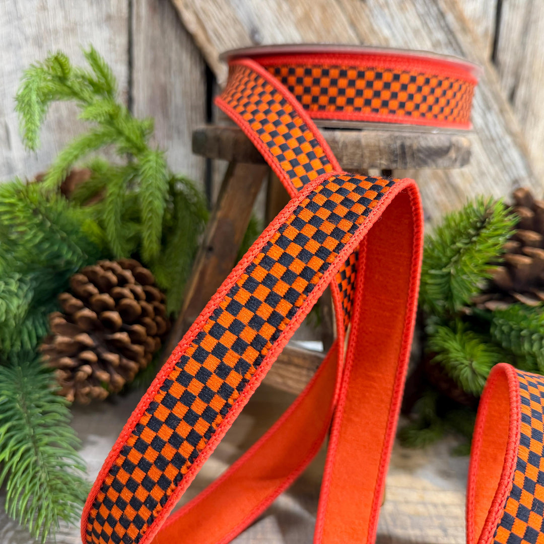 1" Orange Black Check Ribbon, Halloween Ribbon, Fall Ribbon, Farrisilk Kitschy Checks, RK848-87