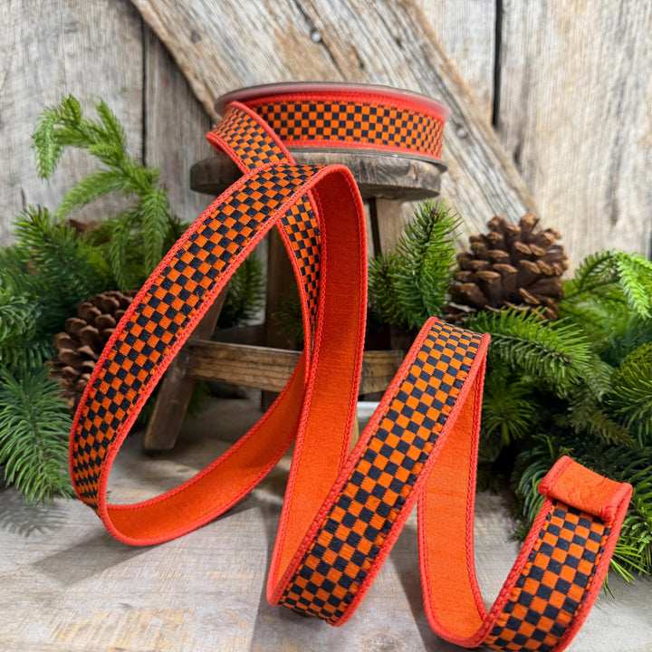 1" Orange Black Check Ribbon, Halloween Ribbon, Fall Ribbon, Farrisilk Kitschy Checks, RK848-87