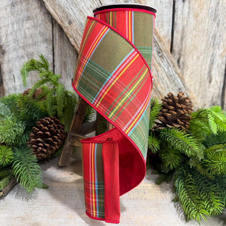 4" Traditional Christmas Plaid Ribbon, Wired Ribbon, Red Green Chirstmas Plaid RIbbon
