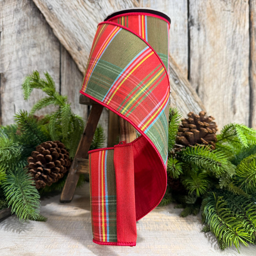 4" Traditional Christmas Plaid Ribbon, Wired Ribbon, Red Green Chirstmas Plaid RIbbon