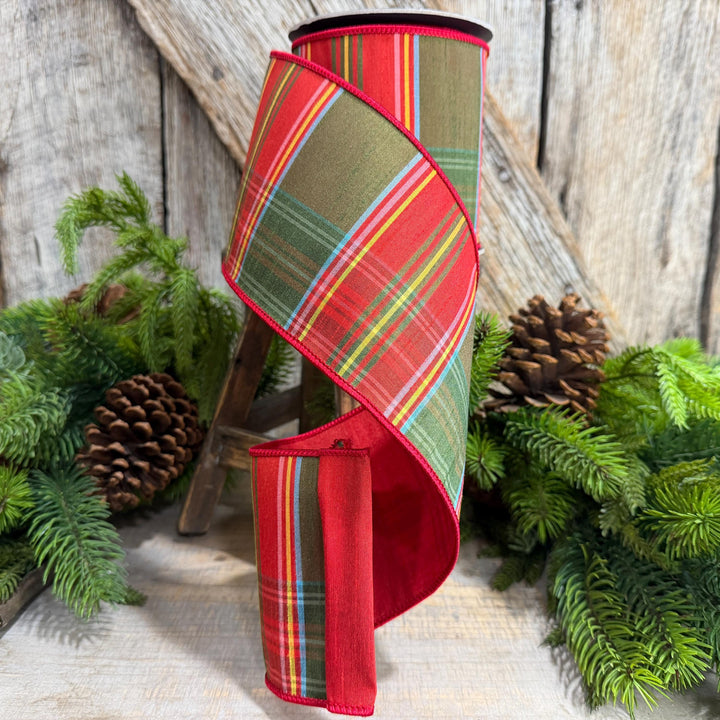 4" Traditional Christmas Plaid Ribbon, Wired Ribbon, Red Green Chirstmas Plaid RIbbon