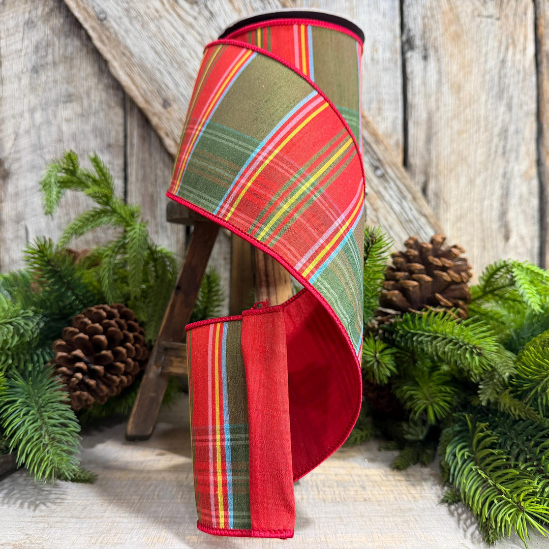4" Traditional Christmas Plaid Ribbon, Wired Ribbon, Red Green Chirstmas Plaid RIbbon