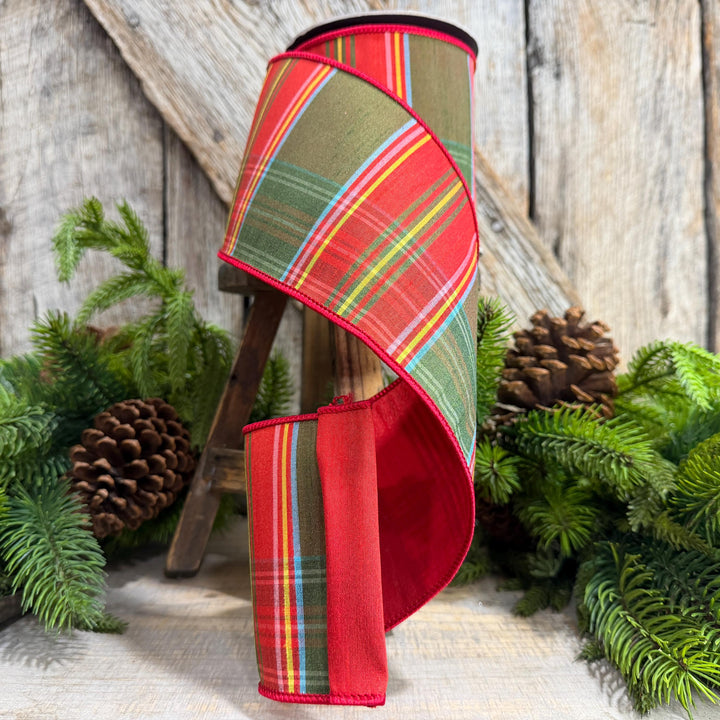 4" Traditional Christmas Plaid Ribbon, Wired Ribbon, Red Green Chirstmas Plaid RIbbon
