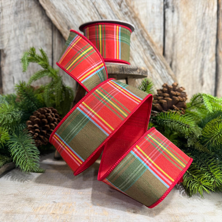2.5" RedGreen Christmas Plaid Ribbon, Wired Ribbon, Tartan Chirstmas Plaid RIbbon