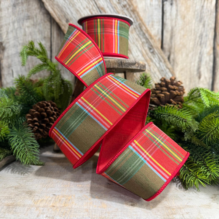 2.5" RedGreen Christmas Plaid Ribbon, Wired Ribbon, Tartan Chirstmas Plaid RIbbon
