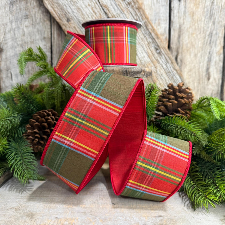 2.5" RedGreen Christmas Plaid Ribbon, Wired Ribbon, Tartan Chirstmas Plaid RIbbon