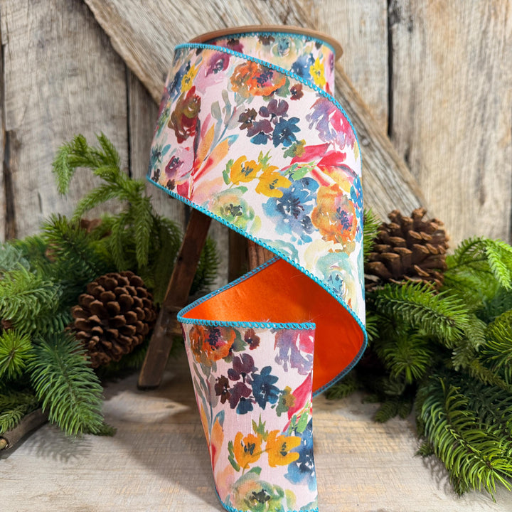 4" Fall Floral Ribbon, Turquoise Floral Ribbon, Autumn Designer Ribbon