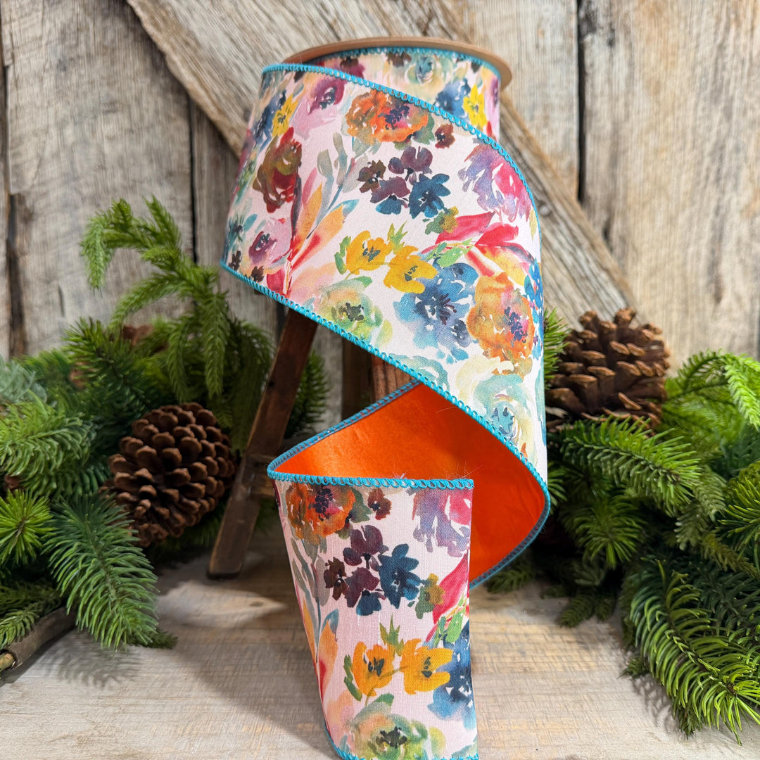 4" Fall Floral Ribbon, Turquoise Floral Ribbon, Autumn Designer Ribbon