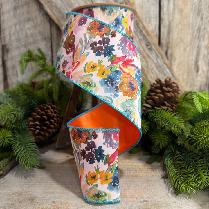 4" Fall Floral Ribbon, Turquoise Floral Ribbon, Autumn Designer Ribbon