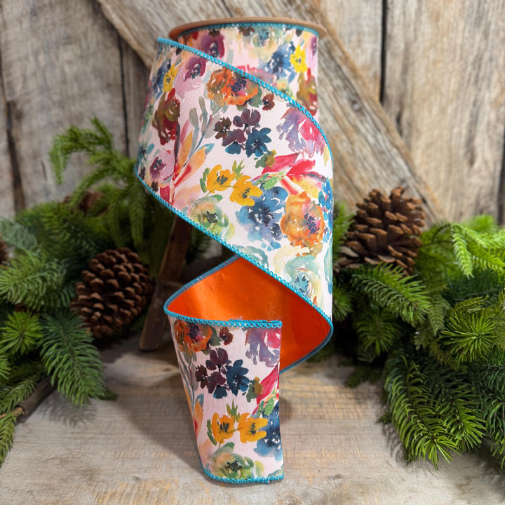 4" Fall Floral Ribbon, Turquoise Floral Ribbon, Autumn Designer Ribbon