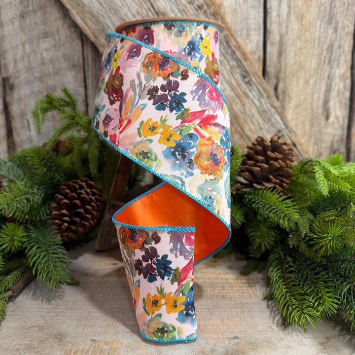 4" Fall Floral Ribbon, Turquoise Floral Ribbon, Autumn Designer Ribbon