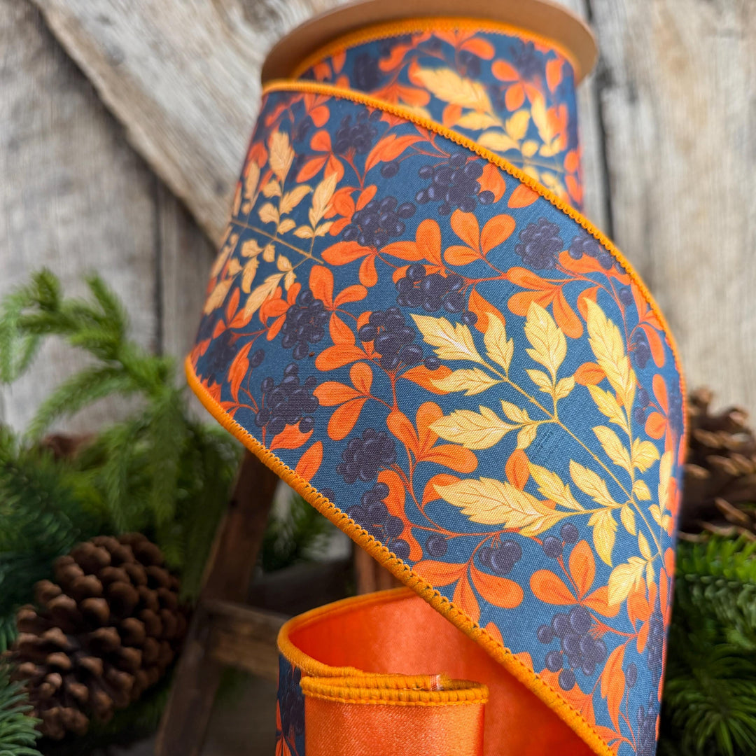 4" Fall Floral Ribbon, Navy Blue Floral Ribbon, Autumn Designer Ribbon