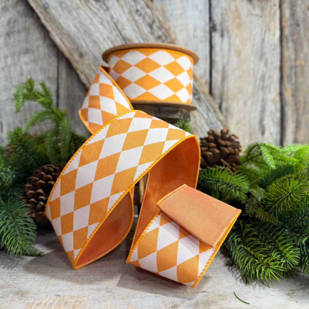 2.5" Orange Harlequin Ribbon, Fall Ribbon, Christmas Ribbon, Diamond Pattern