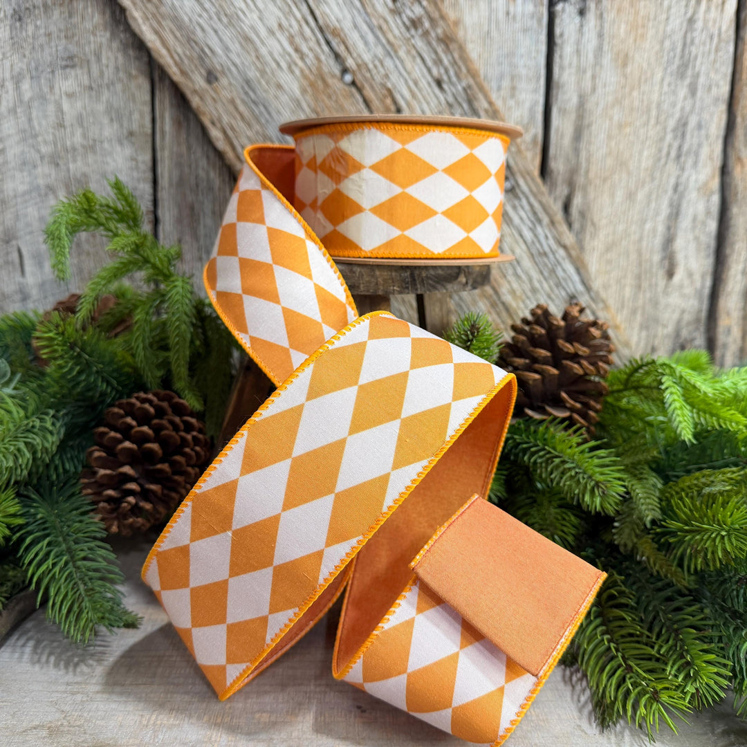 2.5" Orange Harlequin Ribbon, Fall Ribbon, Christmas Ribbon, Diamond Pattern