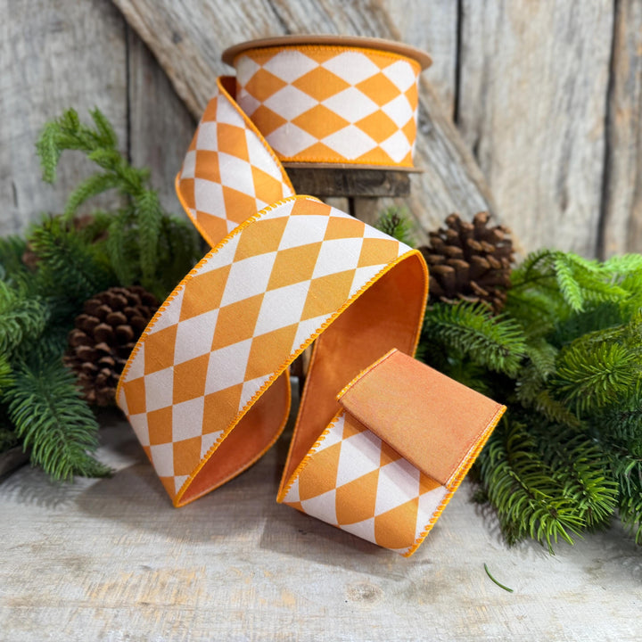 2.5" Orange Harlequin Ribbon, Fall Ribbon, Christmas Ribbon, Diamond Pattern