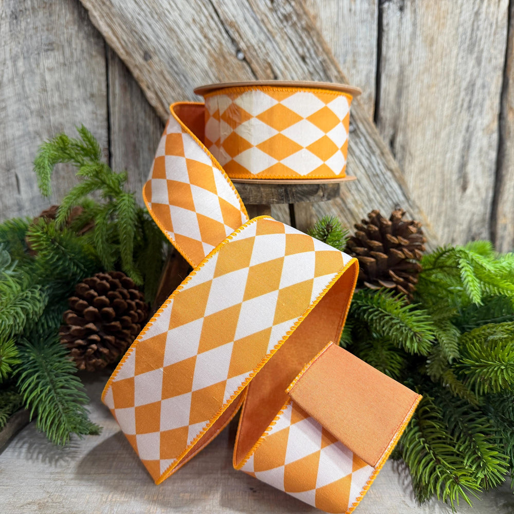 2.5" Orange Harlequin Ribbon, Fall Ribbon, Christmas Ribbon, Diamond Pattern