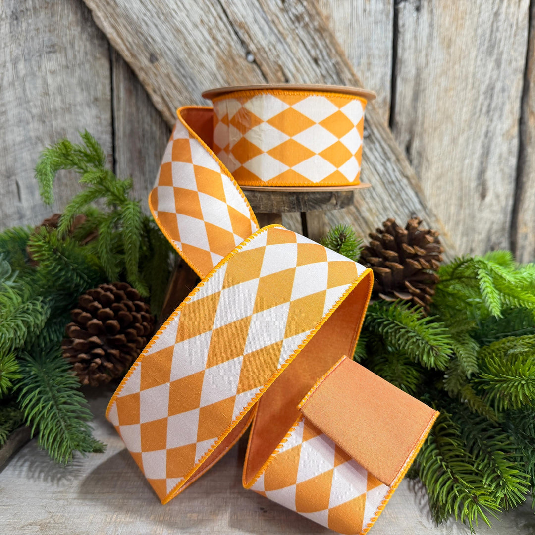 2.5" Orange Harlequin Ribbon, Fall Ribbon, Christmas Ribbon, Diamond Pattern