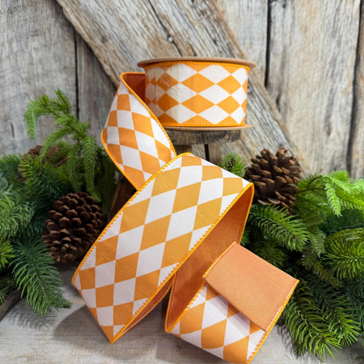 2.5" Orange Harlequin Ribbon, Fall Ribbon, Christmas Ribbon, Diamond Pattern