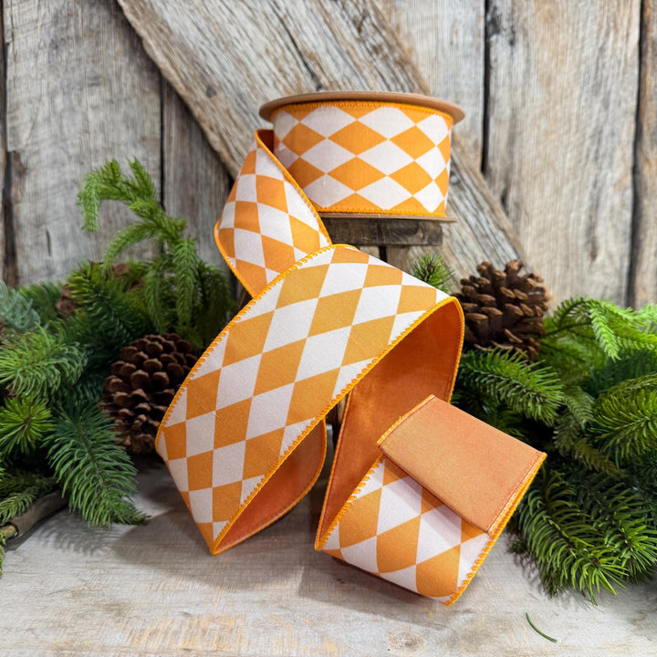 2.5" Orange Harlequin Ribbon, Fall Ribbon, Christmas Ribbon, Diamond Pattern