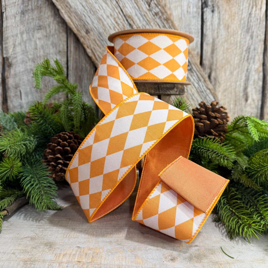 2.5" Orange Harlequin Ribbon, Fall Ribbon, Christmas Ribbon, Diamond Pattern