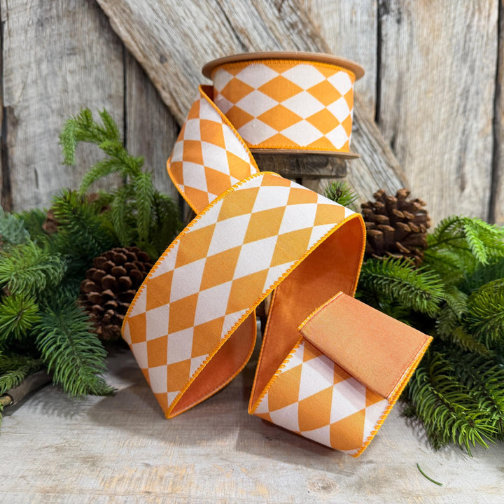 2.5" Orange Harlequin Ribbon, Fall Ribbon, Christmas Ribbon, Diamond Pattern